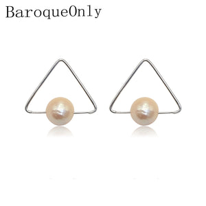 Sterling Silver Stud Earrings Simple Geometric Triangle Pearl Studs Natural Edison Stupid Earrings 2018 NEW ARRIVAL
