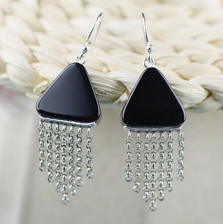 B 925 Sterling Silver Earrings personality geometric Black Onyx fringe Earrings long silver earrings popular