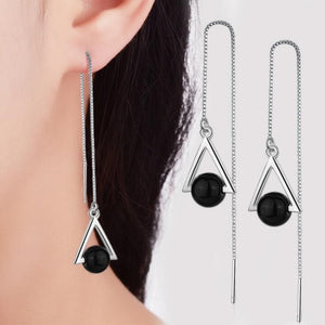 Beautiful Triangle Geometric 925 Sterling Silver Jewelry Long Exaggerated Natural Black Crystal Tassel Dangle Earrings SE315