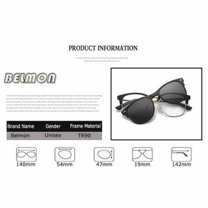 Belmon Spectacle Frame Men Women With Polarized Clip On Sunglasses Magnetic Clear Glasses Male Female Optical Eyeglasses RS488