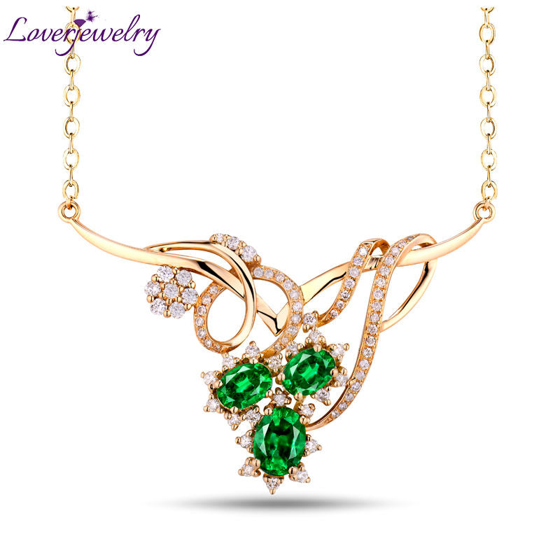 Best Gift Queen Style Hot Green Emerald Pendant Necklace With Natural Diamond 18Kt Yellow Gold Gemstone Fine Jewelry For Sale