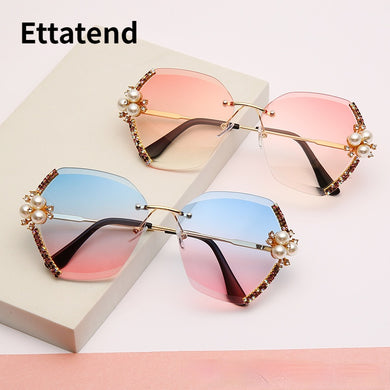 Big Pearl  Rhinestone Rimless Sunglasses Women 2023 Designer Vintage Sun Glasses Brand Shades Gradient Eyeglasses