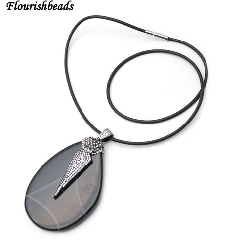 Big Size Natural Black Agate Paved CZ Metal Arrow Charm Stone Pendant Rubber Chain Necklace Fashion Woman Jewelry