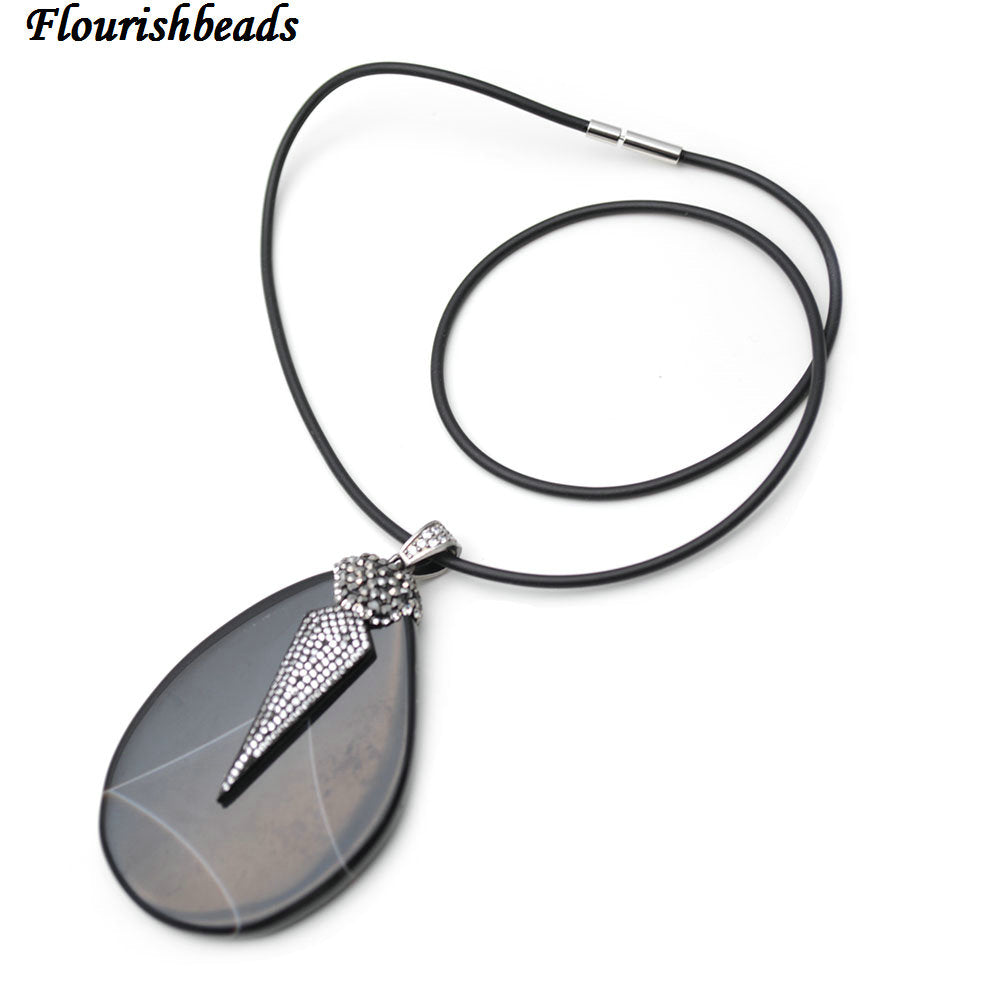 Big Size Natural Black Agate Paved CZ Metal Arrow Charm Stone Pendant Rubber Chain Necklace Fashion Woman Jewelry