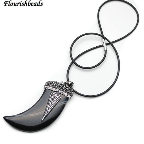 Big Size Natural Black Onyx Agate Horn Pendant Paved CZ Metal Arrow Charm Rubber Chain Necklace Fashion Woman Jewelry