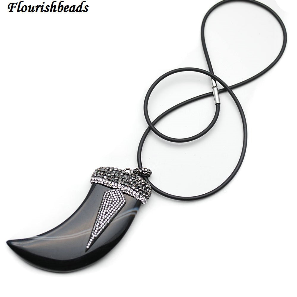 Big Size Natural Black Onyx Agate Horn Pendant Paved CZ Metal Arrow Charm Rubber Chain Necklace Fashion Woman Jewelry