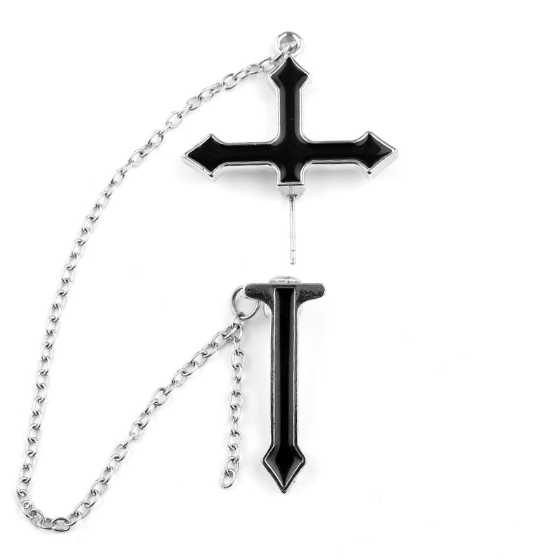 Big Stud Cross Earring Co Xmas Gift Vintage Long Cross Earrings With Chain Black Enamel Jewelry Cospl Earring