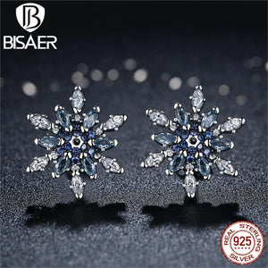 Bijoux 925 Sterling Silver Crystalized Snowflake, Blue Crystals Clear CZ Stud Earrings for Women Earrings Silver Jewelry brincos