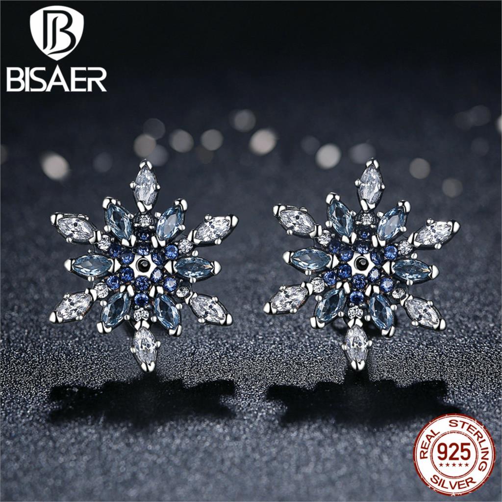 Bijoux 925 Sterling Silver Crystalized Snowflake, Blue Crystals Clear CZ Stud Earrings for Women Earrings Silver Jewelry brincos