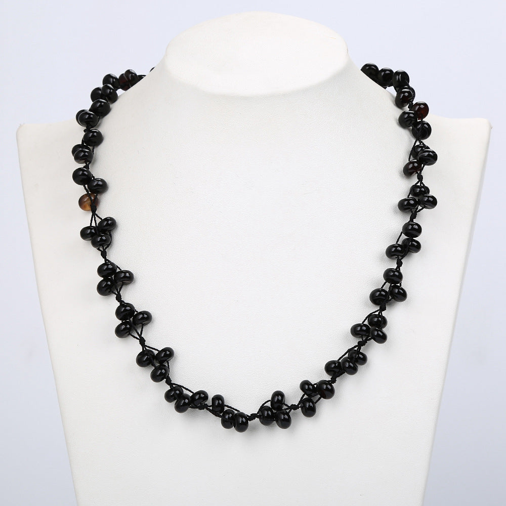 Collana tessuta in agata nera Catena in cristallo di pietra naturale Collana di gioielli da donna sexy popolare Game of Thrones Collare con manubri in acciaio 