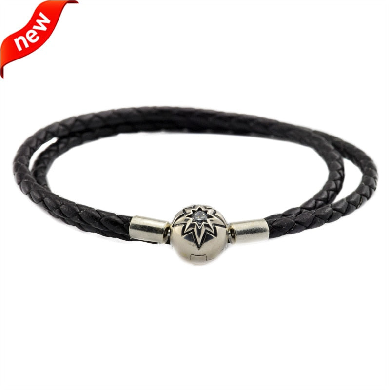 Black Leather Bracelets and Necklaces for Women Jewelry Making Fits European Bead Charms 925 Sterling Silver Starry Sky Clasp