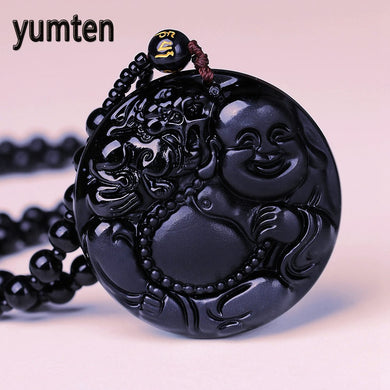 Black Obsidian Buddha Smiling Maitreya Round Pendant For Women Men Lucky Amulet Necklace Bouddha Pendentif Gemstone Jewelry