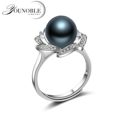 Black Pearl Rings,Wedding Real Round Tahitian Natural Pearl Ring 925 Silver Jewelry Wife Anniversary Gift Mother Luxury