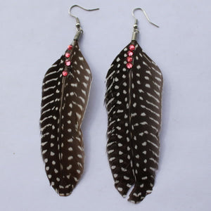 Black with White Dot Stripe Type Hot pink Crystal Rhinestone Long Feather Earring for Women