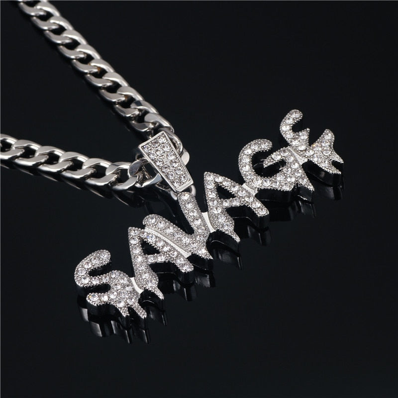 Bling Bling Savage Letter Necklace & Pendant Shiny Ice Out Link Chain Necklace With Tennis Chain Choker Hip Hop Jewelry for Men