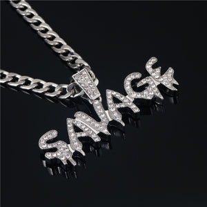 Bling Bling Savage Letter Necklace & Pendant Shiny Ice Out Link Chain Necklace With Tennis Chain Choker Hip Hop Jewelry for Men