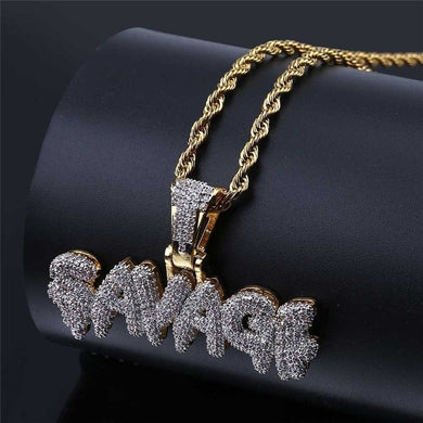 Bling Bling Savage Letter Necklace & Pendant Shiny Ice Out Link Chain Necklace With Tennis Chain Choker Hip Hop Jewelry For Men