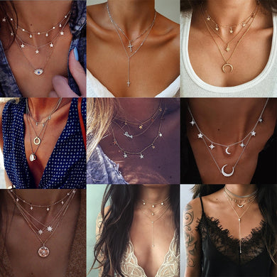 Bohemian Multi layer Pendant Necklaces For Women Fashion Golden Geometric Charm Chains Necklace Jewelry