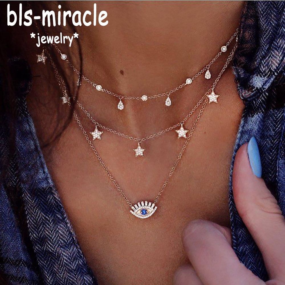 Multilayer Necklace for Women Long Chain Turkish Eye Pendant Necklaces Trendy Crystal Star Water droplets Necklaces