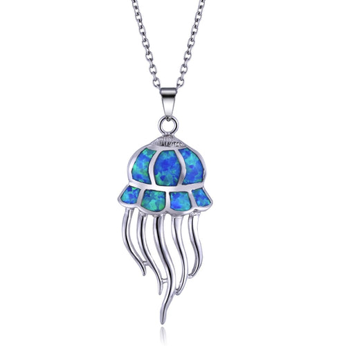 Blue Fire Opal Necklace Ocean Animal Choker Pendant Jellyfish Newest Fashion Jewelry Gift Stainless Steel Chain For Women&Girl