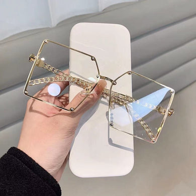 Blue Light Blocking Glasses Oversized Sunglasses Women Vintage Alloy Chain Rivet Square Eyeglasses Frame Men's Glasses