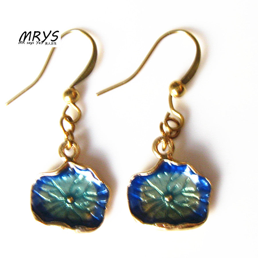 Blue Lotus Leaf Drop Dangle Earrings Ethnic Cloisonne Enamel Fashion Jewelry For Women Girls Copper Hook Party Christmas Gift