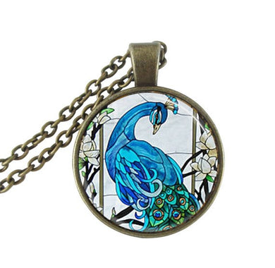 Blue peacock necklace bird pendant natural animal jewelry peafowl long statement necklace bronze chain wildlife animal neckless