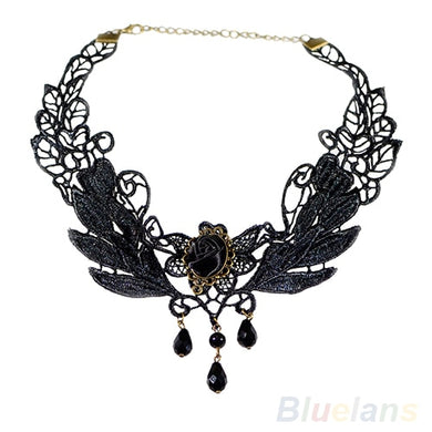 Black Fabric Rose Flower Beads Pendant Collar Choker Lace Lolita Necklace