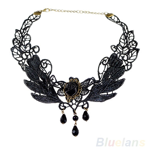 Black Fabric Rose Flower Beads Pendant Collar Choker Lace Lolita Necklace