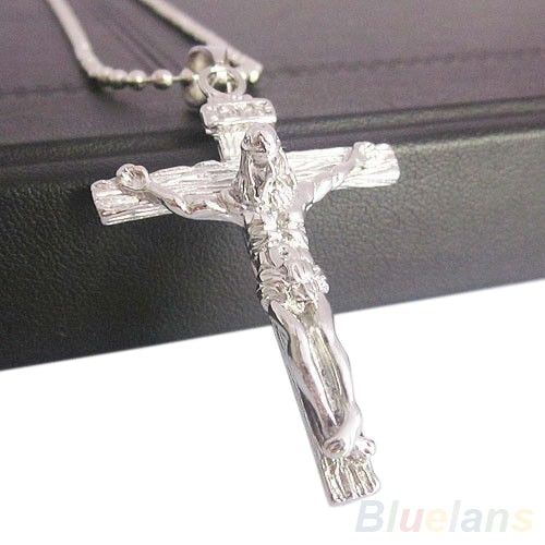 Men's Stainless Steel Silver Jesus Cross Chain Pendant Necklace