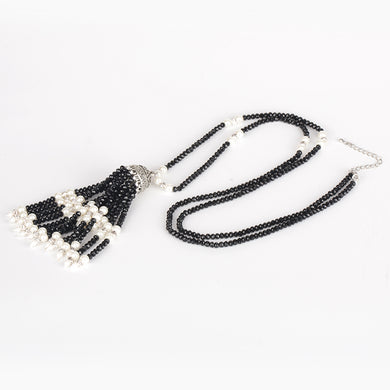 Bohemia Boho Classic Black Glass White Pearl Beads Tassel Vintage Silver Color Cap Chain Long Tassel Pendant Necklace for Women