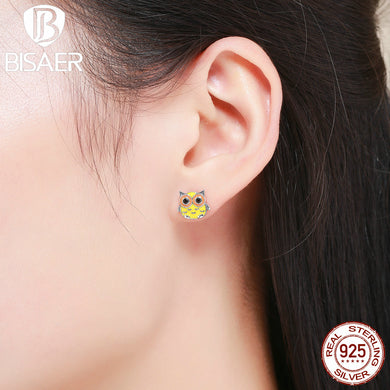 Bohemia Vintage 100% 925 Sterling Silver Yellow Lovely Owl Earrings for Women Authentic Silver Jewelry Wedding Stud Earrings