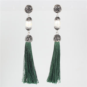 Bohemian Boho Dark Green Silk Fabric Thread Tassel with Oval Ivory White Pearl Connector Dangle Tassels Earring For Women