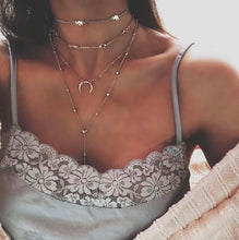 Carica l'immagine nel visualizzatore di Gallery, Collana multistrato con zirconi abbaglianti color oro bohémien Collana con ciondolo semplice con nappa lunga a forma di luna per regali per le donne 