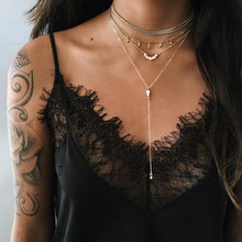 Carica l'immagine nel visualizzatore di Gallery, Collana multistrato con zirconi abbaglianti color oro bohémien Collana con ciondolo semplice con nappa lunga a forma di luna per regali per le donne 