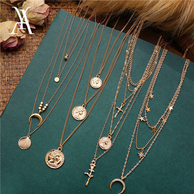 Multi Layered Necklace for Women Vintage Portrait Coin Star Moon Pendant Necklace Geometric Collier Collares