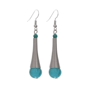 Bohemian Retro Ethnic Long Earrings Fashion Jewelry Tibetan Sliver Color Microphone Shaped Stone Dangle Earrings For Women