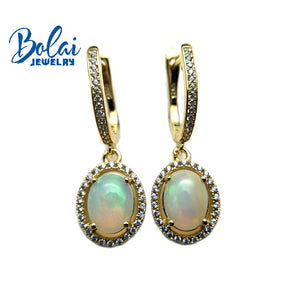 Bolaijewelry,Classic style Natural opal gemstone clasp earrings 925 sterling silver fine jewelry girl party wear best gift