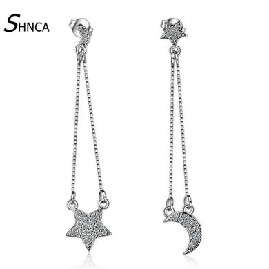 Boutique 925 Sterling-Silver-Jewelry Asymmetric Star Moon Cubic Zirconia Long Tassel Stud Earrings For Women Brinco E013