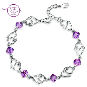Bracelets For Women Jewelry 925 Sterling Silver Natural Purple Amethyst Double Love Heart Wedding Engagement Christmas Gift