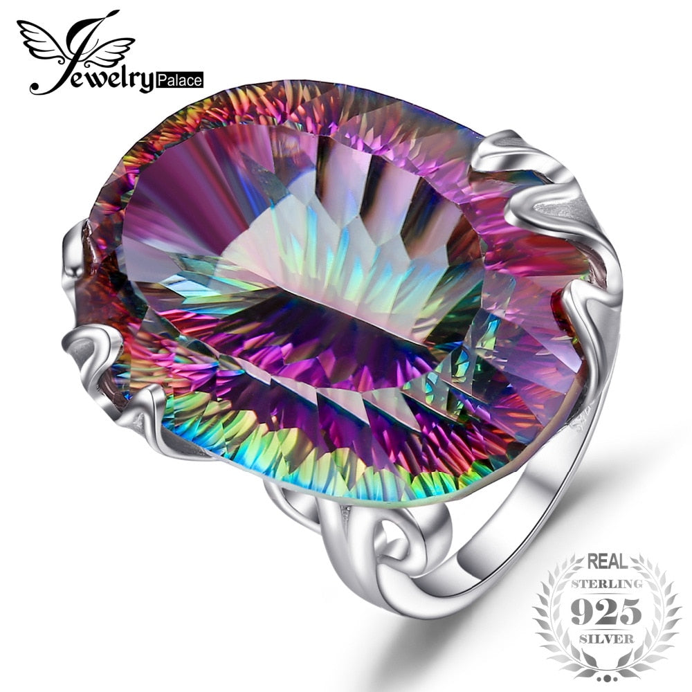 Brand New Huge 42ct Genuine Rainbow Fire Mystic Topaz Solid 925 Sterling Silver Ring Vintage Fashion Accessories Jewelry 2018