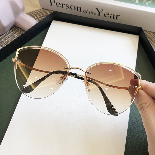 Brand Rimless Sunglasses Women  Cat Eye Sun Glasses Ladies Clear Gradient Sunglass 2023 Diamond Cutting Lens
