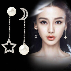 Brincos Femme Long Asymmetrical Dangle Earrings Sexy Women Star Moon Imitation Pearl Rhinestone Drop Beads Earrings Jewelry