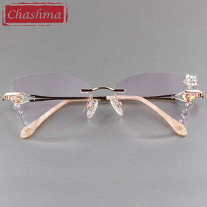 Occhiali da vista femminili a farfalla Titanio grigio lente rossa Montature per occhiali senza montatura con taglio a diamante Occhiali da sole da donna Lenti colorate
