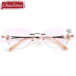 Occhiali da vista femminili a farfalla Titanio grigio lente rossa Montature per occhiali senza montatura con taglio a diamante Occhiali da sole da donna Lenti colorate