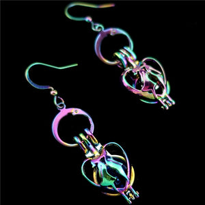 C-E609 Rainbow Drop Earrings Lover Kiss Heart Earrings Cage Oyster Pearl Dangle Hook Earrings for Girl Friend DIY Jewelry