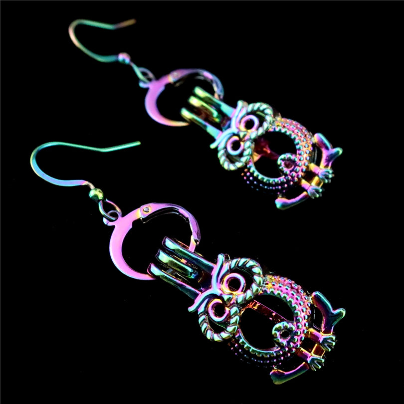 C-E722 Rainbow Drop Earrings Cute Owl Earrings Cage Oyster Pearl Dangle Hook Earrings for Girl Women DIY Jewelry