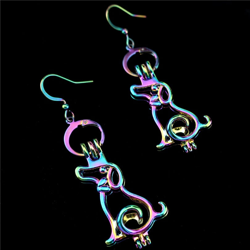 C-E807 Rainbow Drop Earrings Puppy Dog Earrings Cage Oyster Pearl Dangle Hook Earrings for Girl Friend Women DIY Jewelry