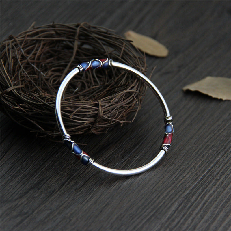 C&R Real 925 Sterling Silver bangle bracelet for women Cloisonne bracelets vintage Thai Silver bangles ethnic lady Fine Jewelry