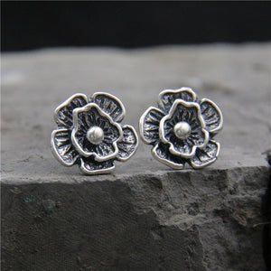C&R Real 925 Sterling Silver stud earrings for women Female Rose Stud Earrings Black Vintage Thai Silver Fine Jewelry